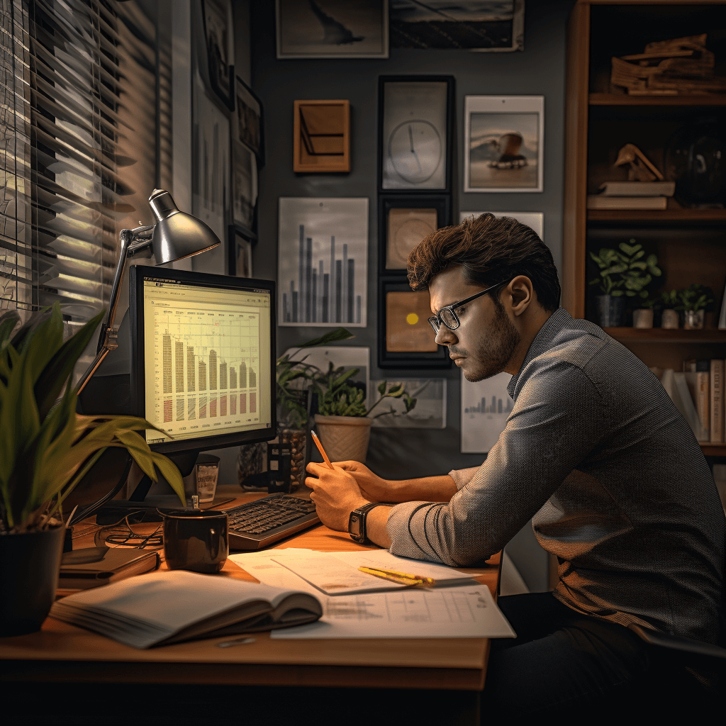 An entrepreneur in a home office contemplating a sign with 'LLC' and 'Sole Proprietorship' on a desk with legal documents and a laptop displaying growth charts.