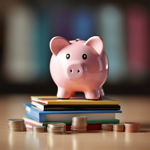 A photograph of a piggy bank sitting atop a stack of emergency fund savings books, a calculator and financial charts in the background, all signifying financial planning and stability.