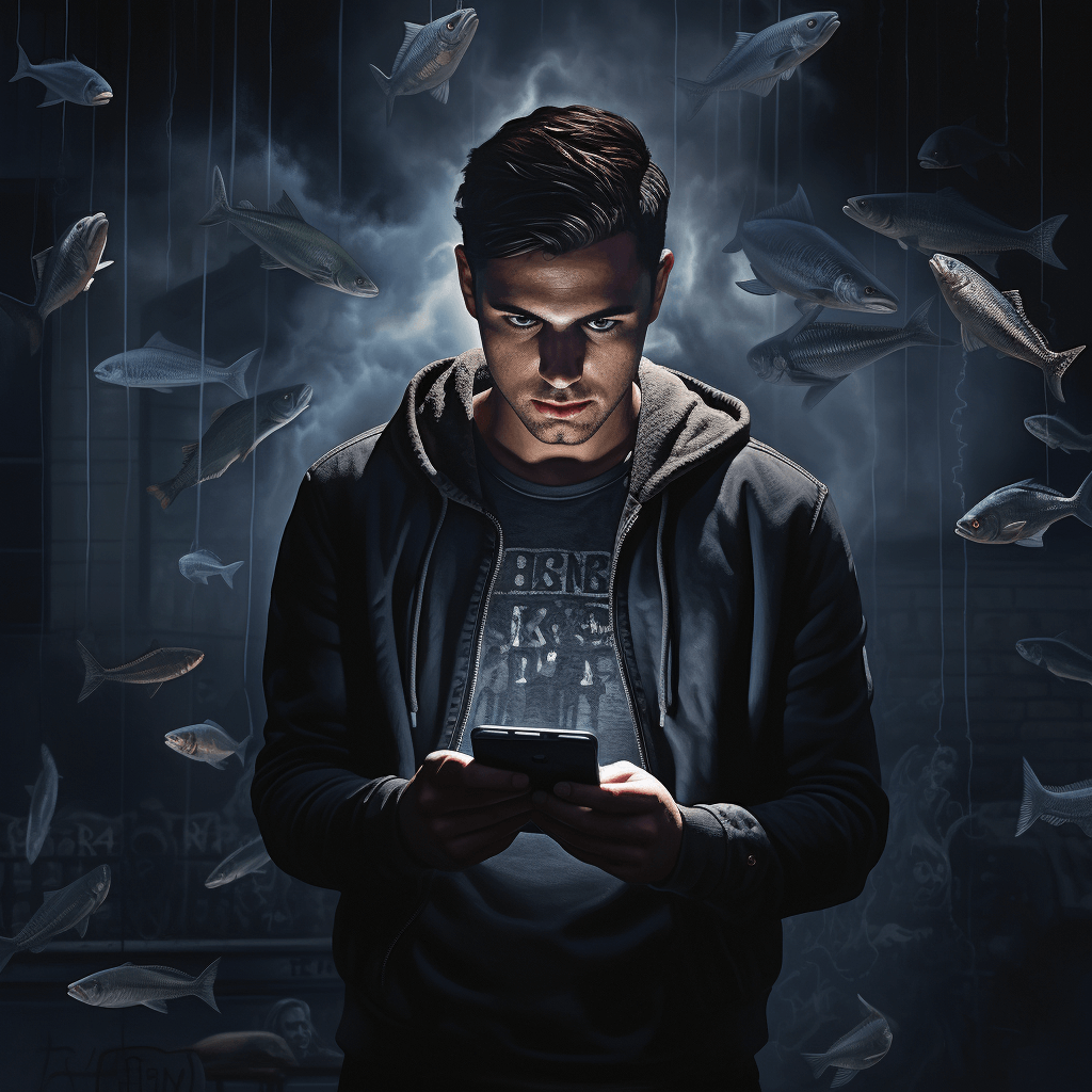 A person staring at a text message on their phone looking puzzled and concerned, with a shadowy figure in the background holding a fishing rod, symbolizing the phishing attempt. The background should be suggestive of digital security elements like padlocks, encrypted codes, and security shields.