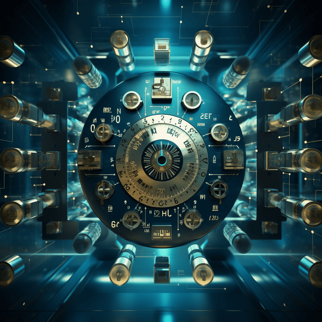 An image of a secure vault with complex combination locks, accompanied by digital elements such as encrypted code and security icons, to represent the concept of strong online passwords and their protection.