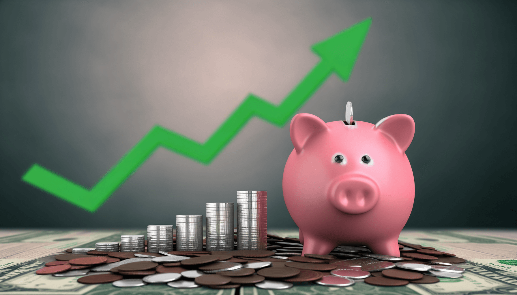 A conceptual image showing a piggy bank on a growing pile of coins with a chart in the background indicating financial growth, symbolizing personal savings and smart budgeting