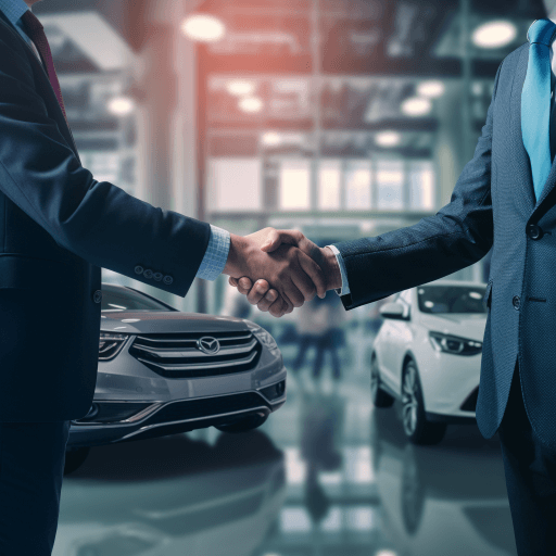 A photo of a car salesman shaking hands with a customer in front of a new car at a dealership, with a visible insurance policy in the foreground and a credit union logo in the background.