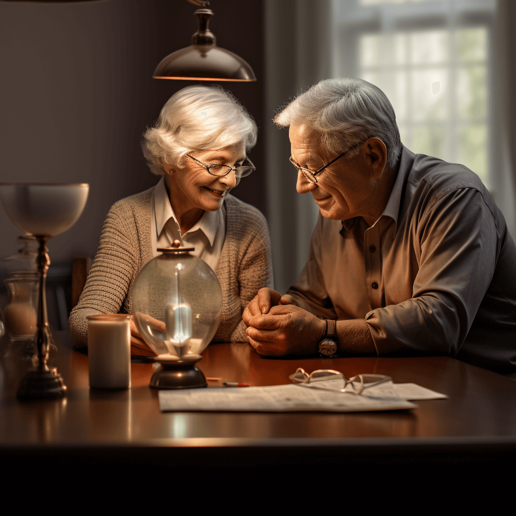 A serene and content elderly couple reviewing their retirement plan documents, with a clear view of a piggy bank symbolizing savings, and a calendar or clock indicating the passage of time and planning for the future.