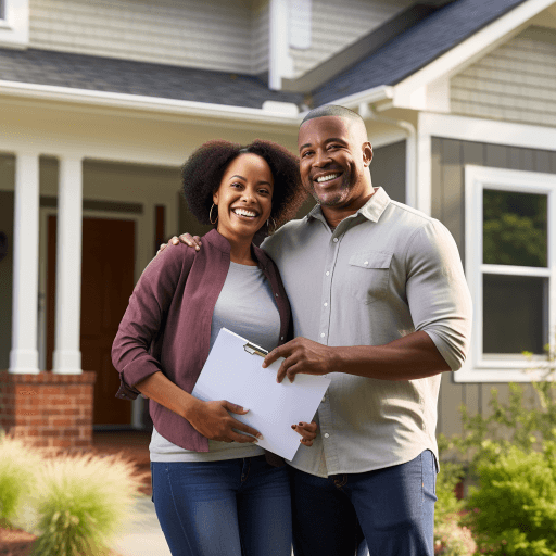 A happy couple reviewing financial documents and smiling in front of their new home with a 'Sold' sign, illustrating the joy and responsibility of home ownership