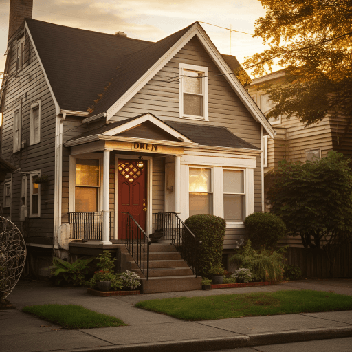 An image of a cozy, welcoming home next to an identical house with a 'For Rent' sign, depicting the options of home ownership and renting against the backdrop of a stable neighborhood.