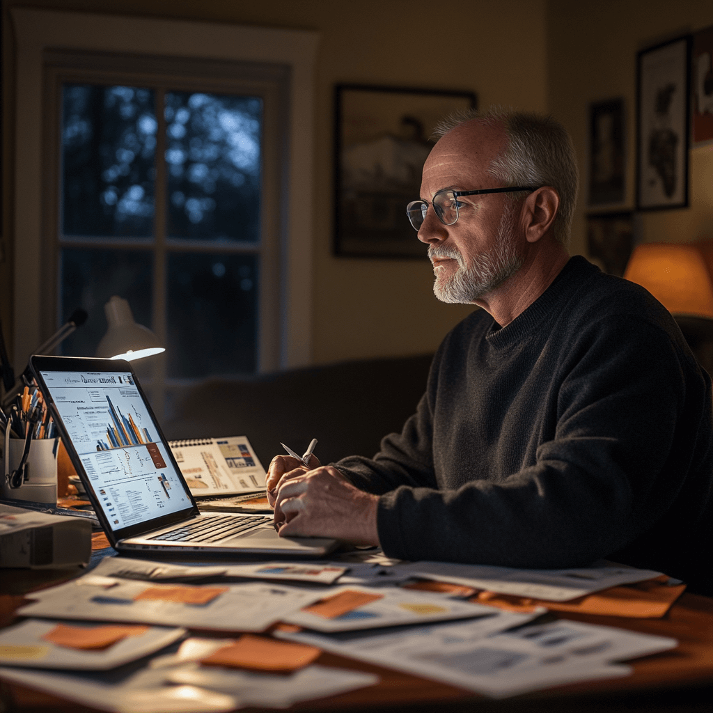 An image of a thoughtful parent seated at a home office, surrounded by college brochures, financial aid forms, and a laptop displaying a 529 savings plan graph.