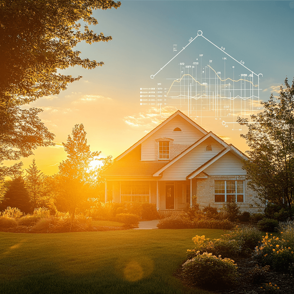 A serene home during sunrise with a transparent overlay of financial graphs and symbols, signifying the potential benefits and strategic planning associated with home equity at the year's beginning.