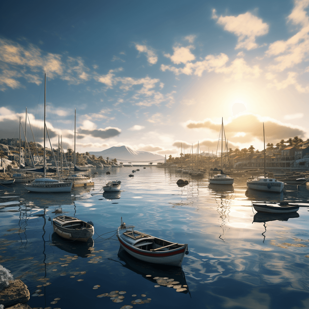 A tranquil harbor with boats securely anchored, symbolizing the stability and safety of share certificate CDs in contrast to the rough seas of the stock market in the background.