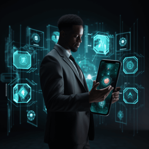 An image of a person holding a smartphone with a visible bank app on the screen, surrounded by digital lock icons and shield symbols representing cybersecurity, with a professional and secure appearance.