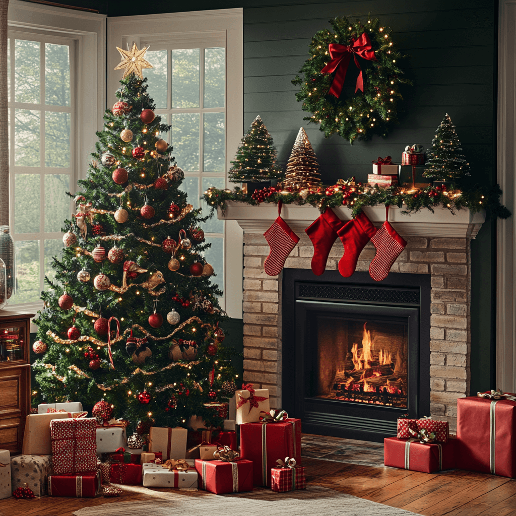 An image of a cozy, festive scene with a Christmas tree decked in homemade ornaments, a family joyfully wrapping gifts in reused paper, and a fireplace mantle adorned with handmade decorations, illustrating the warmth of the season on a sensible budget.