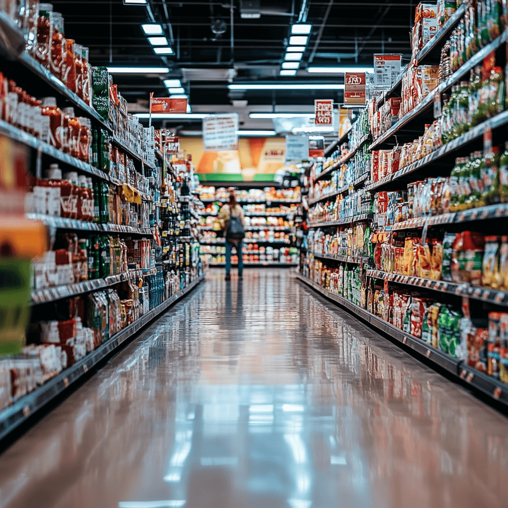 A grocery store aisle with price tags showing discounts and offers, shoppers comparing prices, and a close-up of a shopping list with budget-friendly options highlighted.