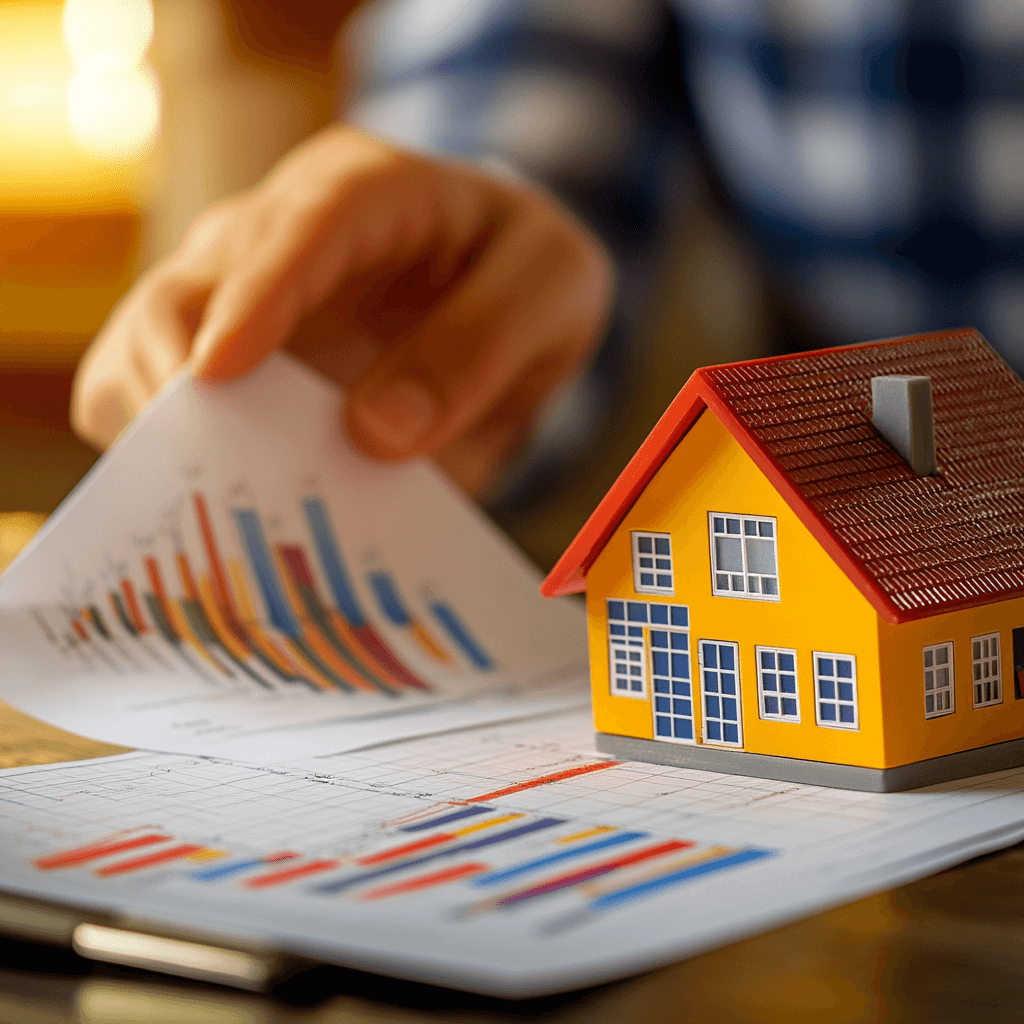 A potential homeowner holding a checklist with financial documents, a miniature house model, and graphs displaying mortgage rates and real estate trends in the background, symbolizing the readiness to buy a home.