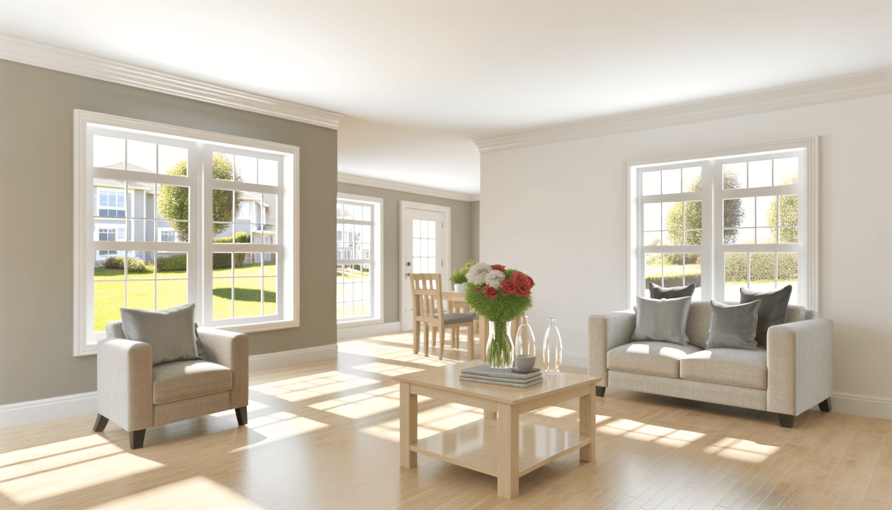 A bright and clean living room with neatly arranged furniture, fresh flowers on the table, neutral painted walls, and sunlight streaming through the windows, with a view of a well-kept front yard. The image should promote a sense of readiness and appeal to potential homebuyers.