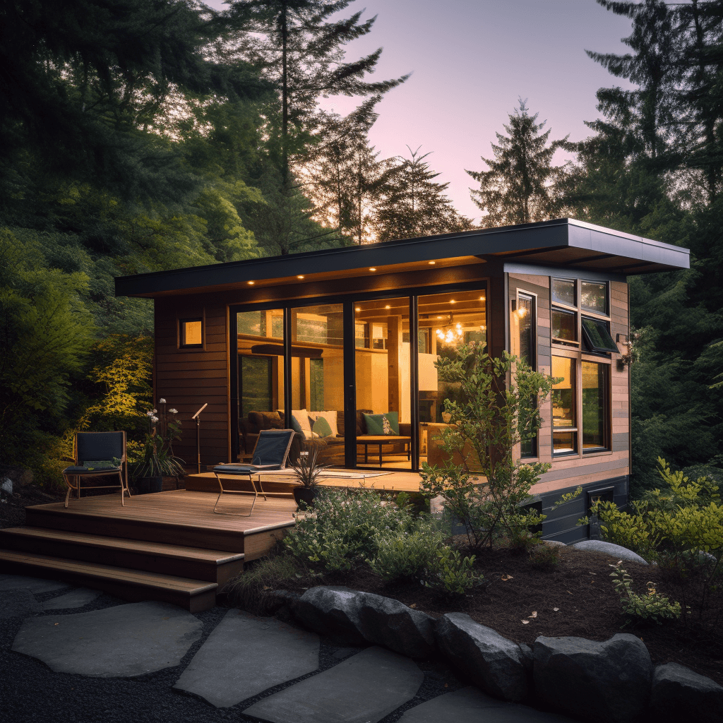 An attractive tiny home nestled in a natural setting, showcasing its compact size and the harmonious blend of eco-friendliness and modern living.