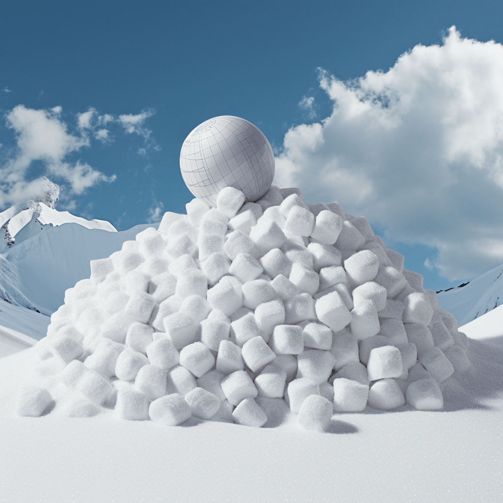 A snowball rolling down a snowy hill growing in size, juxtaposed with a stack of declining bills to symbolize debt reduction. The image should evoke a sense of progression, achievement, and financial liberation.