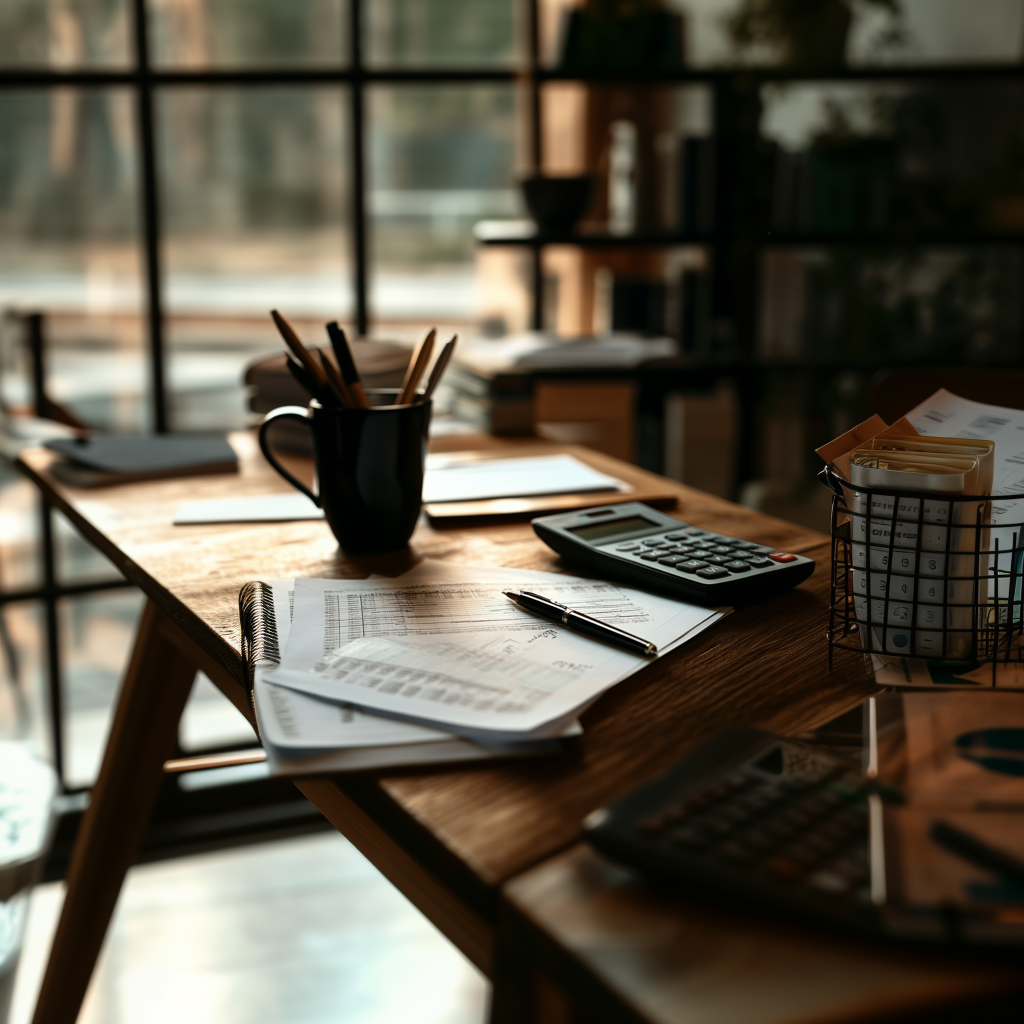 Desk with calculator and papers representing financial planning.