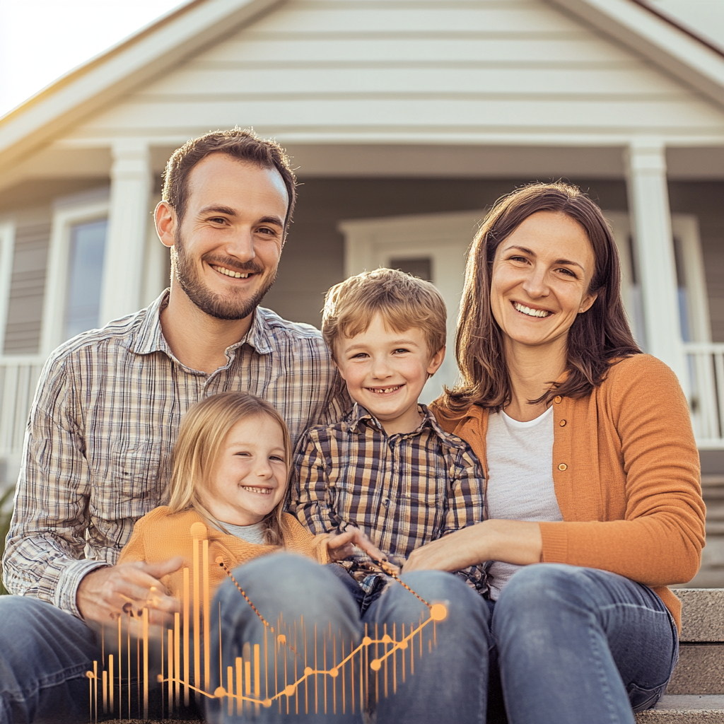 Family in front of a home with graph depicting paying down debt.